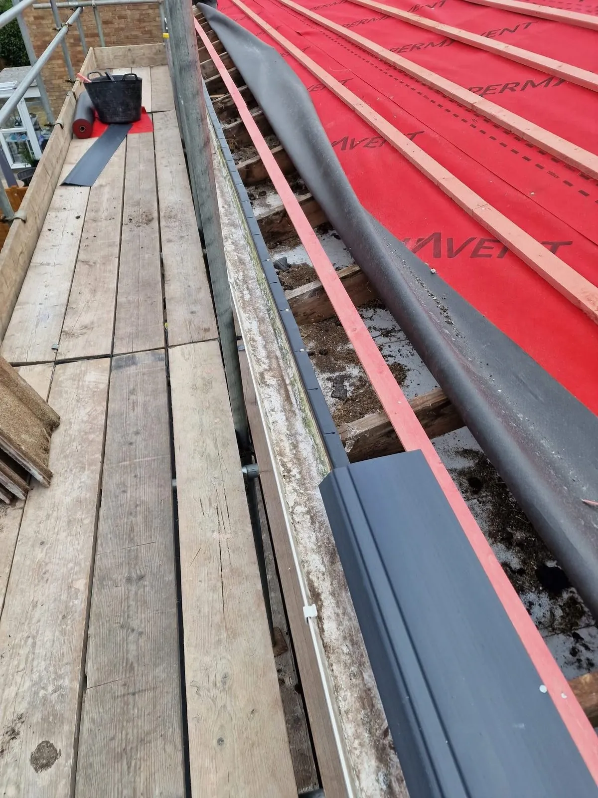 Breathable membrane and battens fitted during a re-roof in Sidmouth